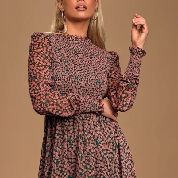Lulu's NWT Floral Forever Green & Pink Smocked Skater Mini Dress, M - Picture 6 of 16